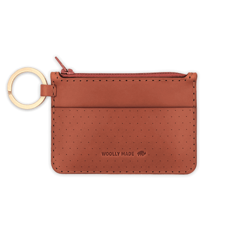 Brown leather Zip Wallet, zipper, perforation, hand-pressed Woolly Made logo, brass hardware.