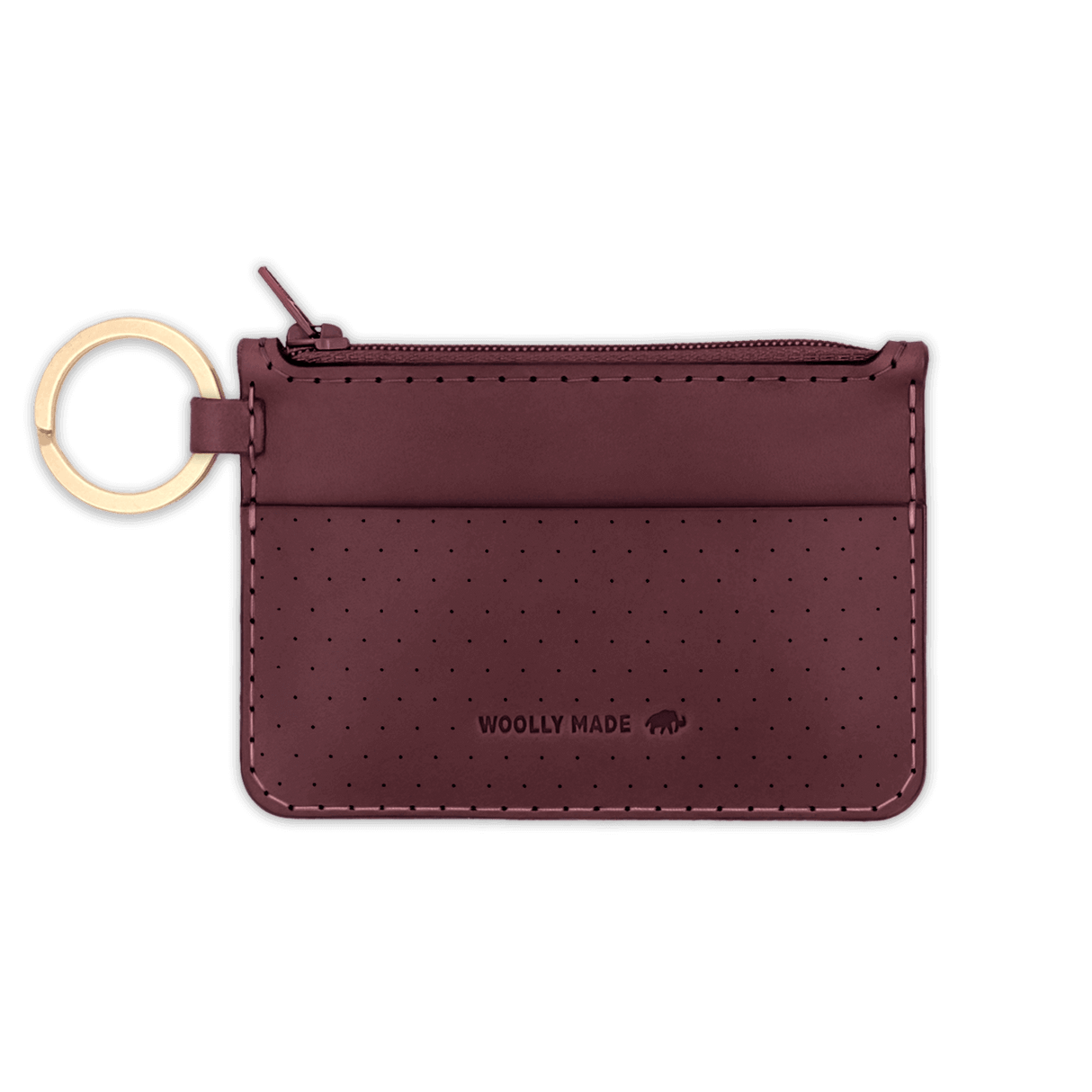 Burgundy leather Zip Wallet, zipper, perforation, hand-pressed Woolly Made logo, brass hardware.