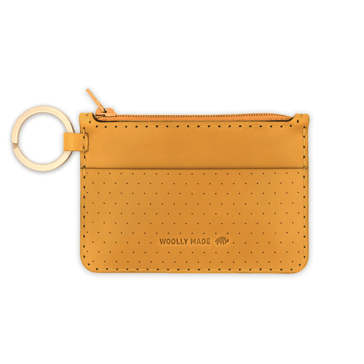 Gold leather Zip Wallet, zipper, perforation, hand-pressed Woolly Made logo, brass hardware.