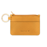 Gold leather Zip Wallet, zipper, perforation, hand-pressed Woolly Made logo, brass hardware.