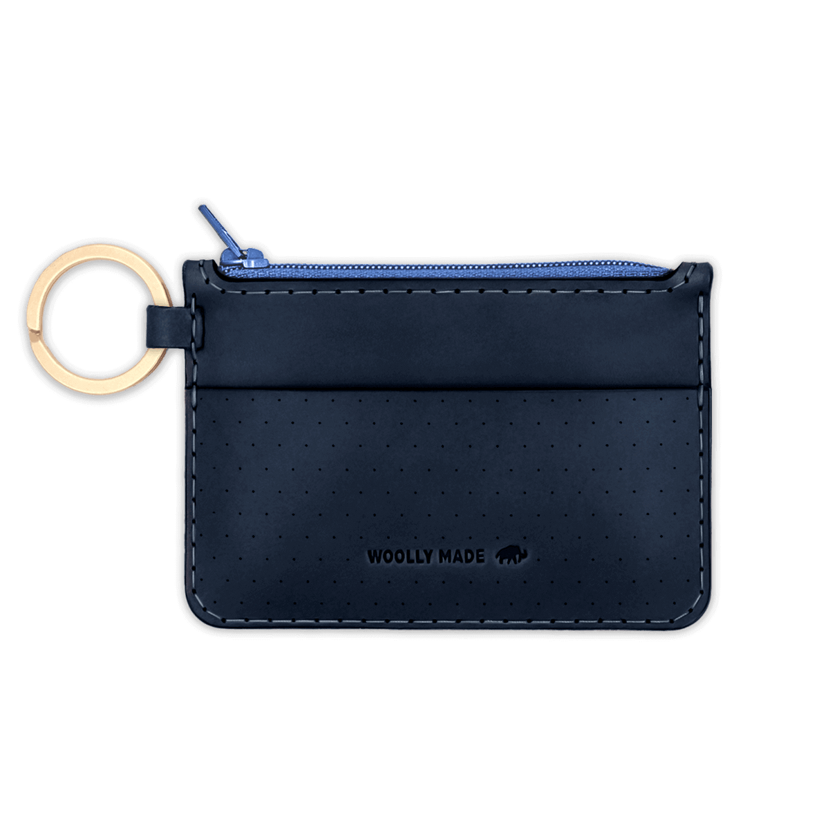 Navy leather Zip Wallet, zipper, perforation, hand-pressed Woolly Made logo, brass hardware.