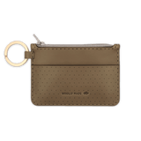 Olive leather Zip Wallet, zipper, perforation, hand-pressed Woolly Made logo, brass hardware.