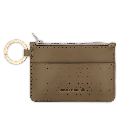 Olive leather Zip Wallet, zipper, perforation, hand-pressed Woolly Made logo, brass hardware.