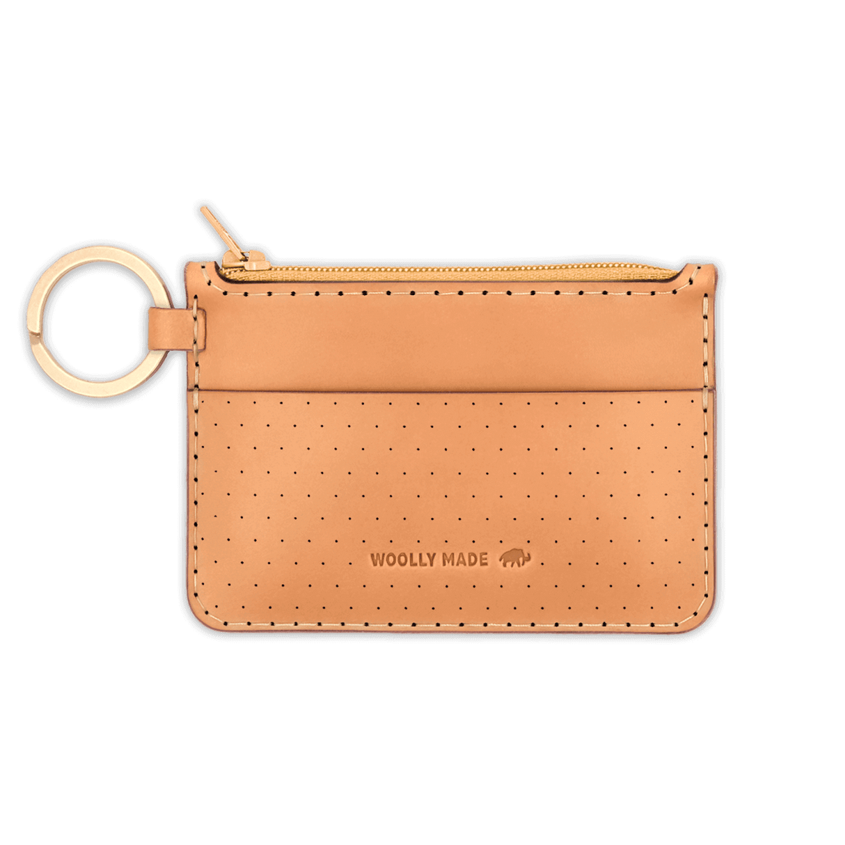 Tan leather Zip Wallet, zipper, perforation, hand-pressed Woolly Made logo, brass hardware.