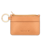 Tan leather Zip Wallet, zipper, perforation, hand-pressed Woolly Made logo, brass hardware.