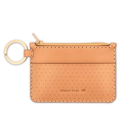 Tan leather Zip Wallet, zipper, perforation, hand-pressed Woolly Made logo, brass hardware.