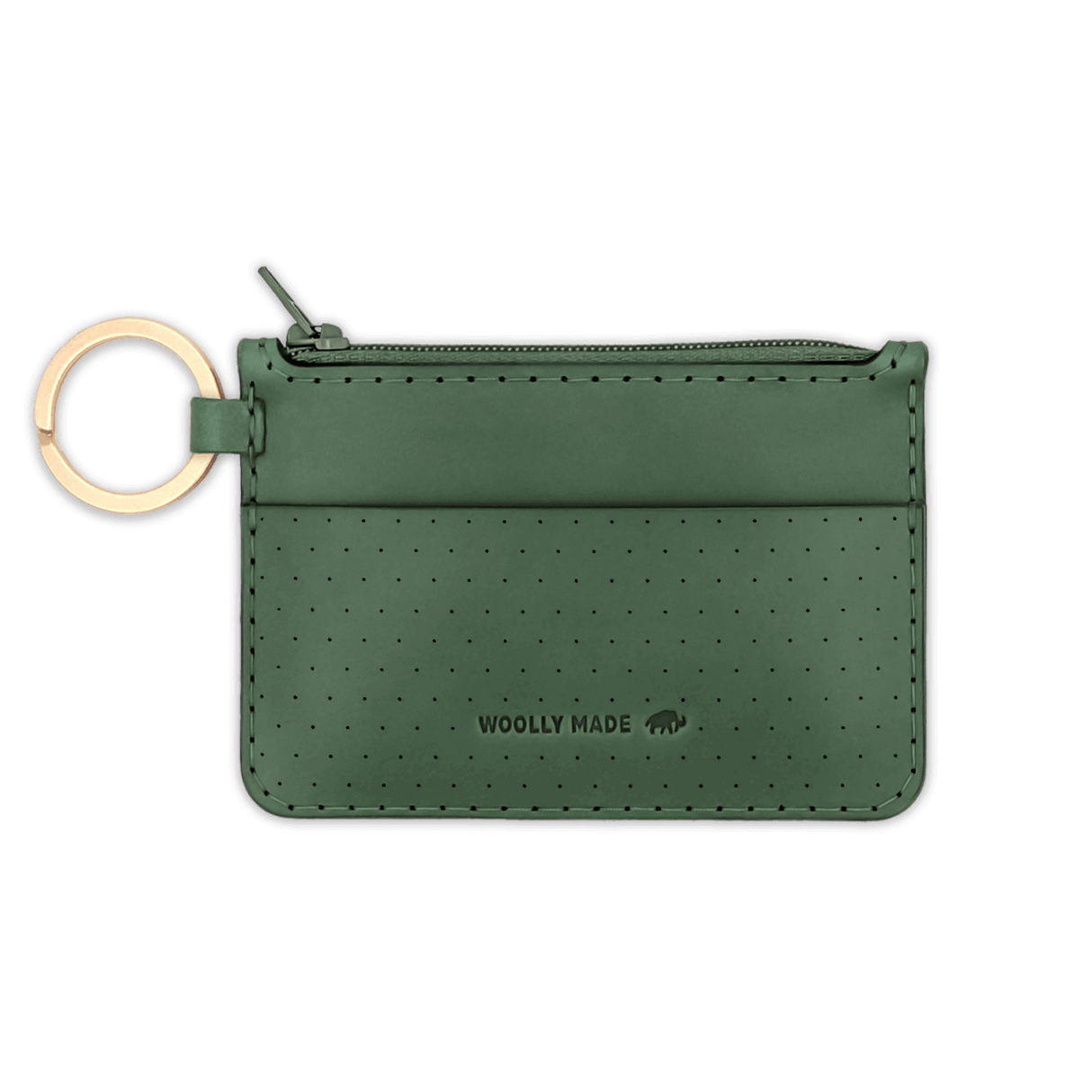 Green leather Zip Wallet, zipper, perforation, hand-pressed Woolly Made logo, brass hardware.