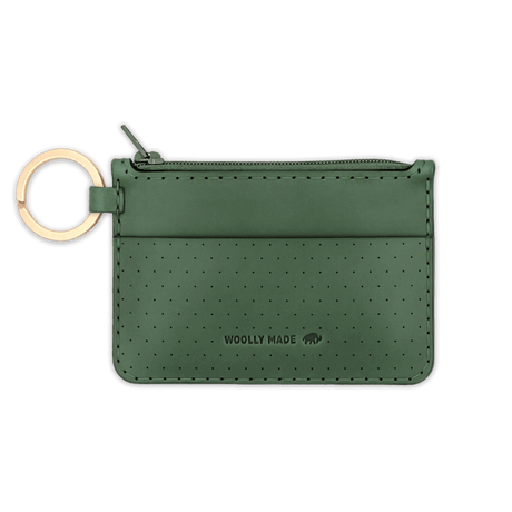 Green leather Zip Wallet, zipper, perforation, hand-pressed Woolly Made logo, brass hardware.