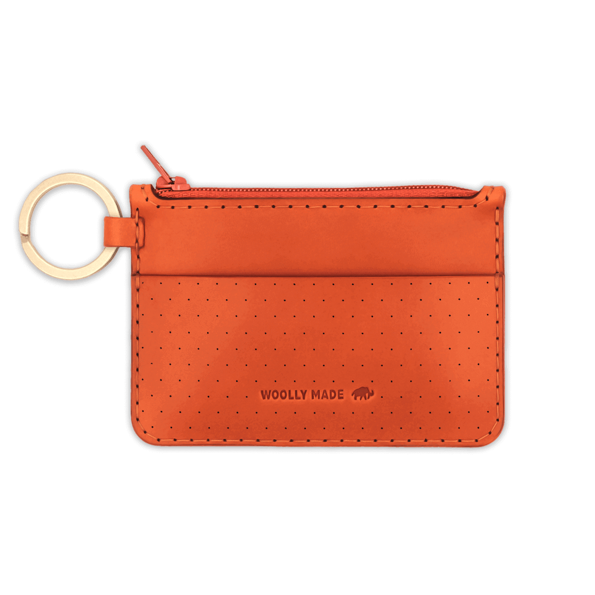 Orange leather Zip Wallet, zipper, perforation, hand-pressed Woolly Made logo, brass hardware.