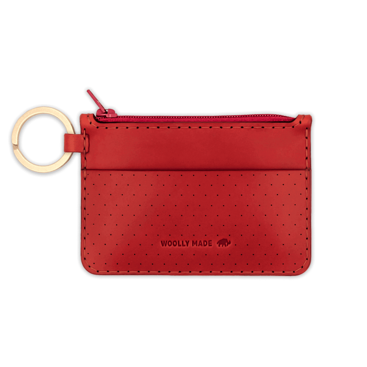 Red leather Zip Wallet, zipper, perforation, hand-pressed Woolly Made logo, brass hardware.