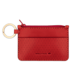 Red leather Zip Wallet, zipper, perforation, hand-pressed Woolly Made logo, brass hardware.