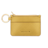 Yellow leather Zip Wallet, zipper, perforation, hand-pressed Woolly Made logo, brass hardware.