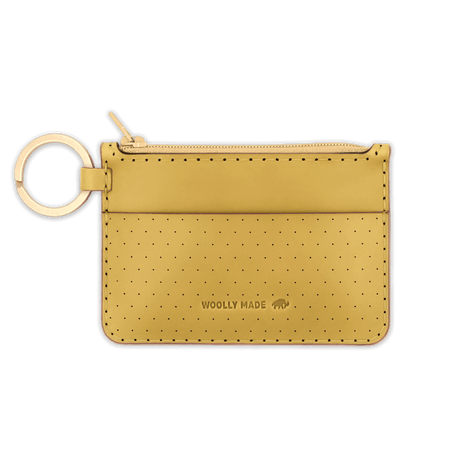 Yellow leather Zip Wallet, zipper, perforation, hand-pressed Woolly Made logo, brass hardware.